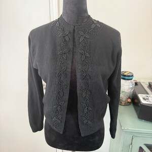 Vintage Macy's Beaded Angora Wool Blend Black Cardigan Sweater